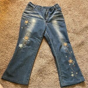 Green Vega Vintage Y2K Women's Embroidered Dark Blue Floral Capris